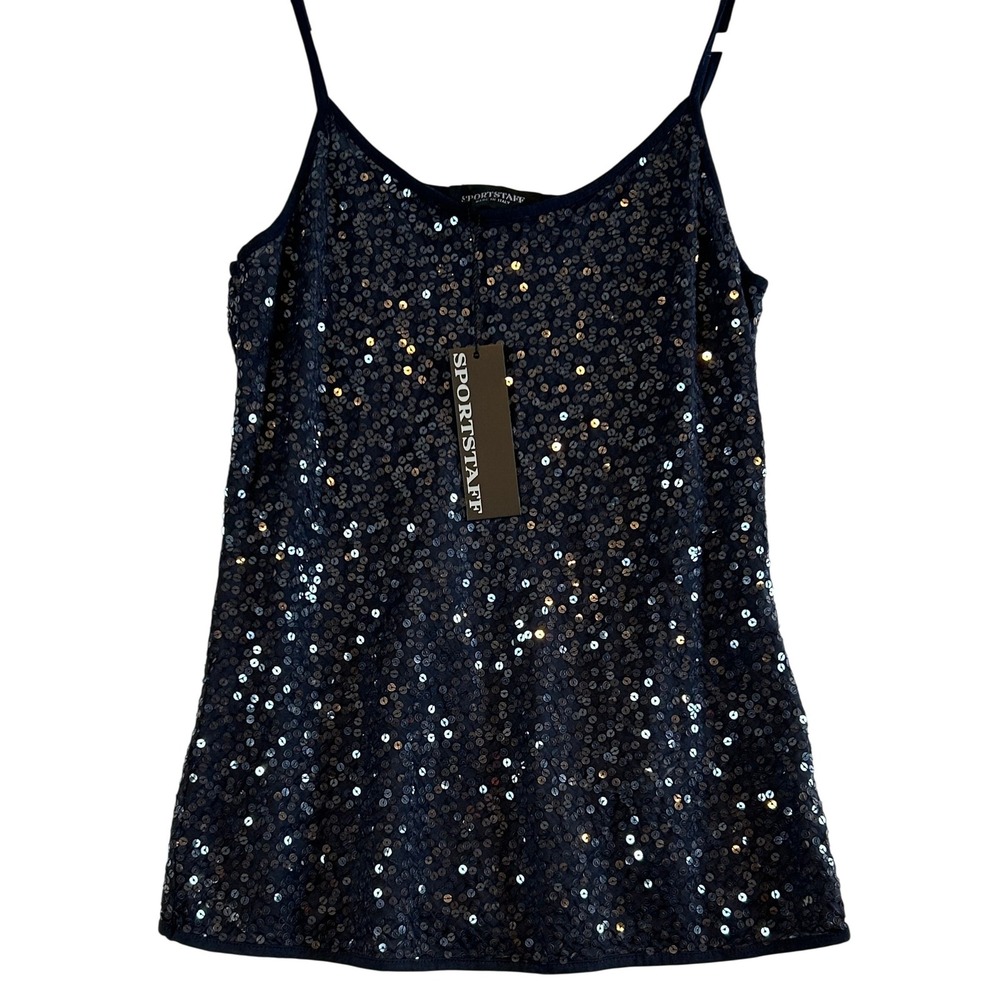 Womens Navy Blue Sequin Camisole Spaghetti Strap Scoop Neck Top NWT Y2K Cami